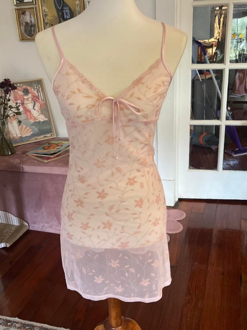 vintage pink sheer floral velvet mini slip dress.
